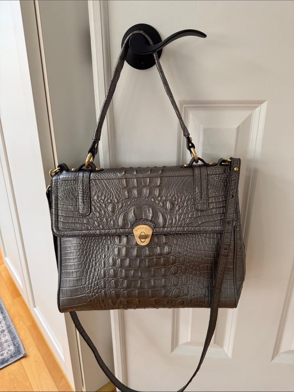 Brahmin Rare Silver Croc-Embossed Leather Satchel w-detachable shoulder strap.